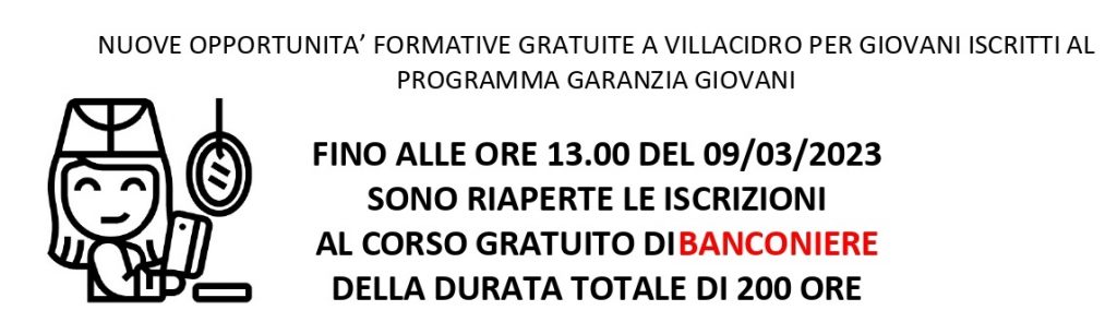 FINO AL 09/03/2023 RIAPERTURA  ISCRIZIONI AL PERCORSO GRATUITO DI BANCONIERE A VILLACIDRO: SOLO 5 POSTI DISPONIBILI